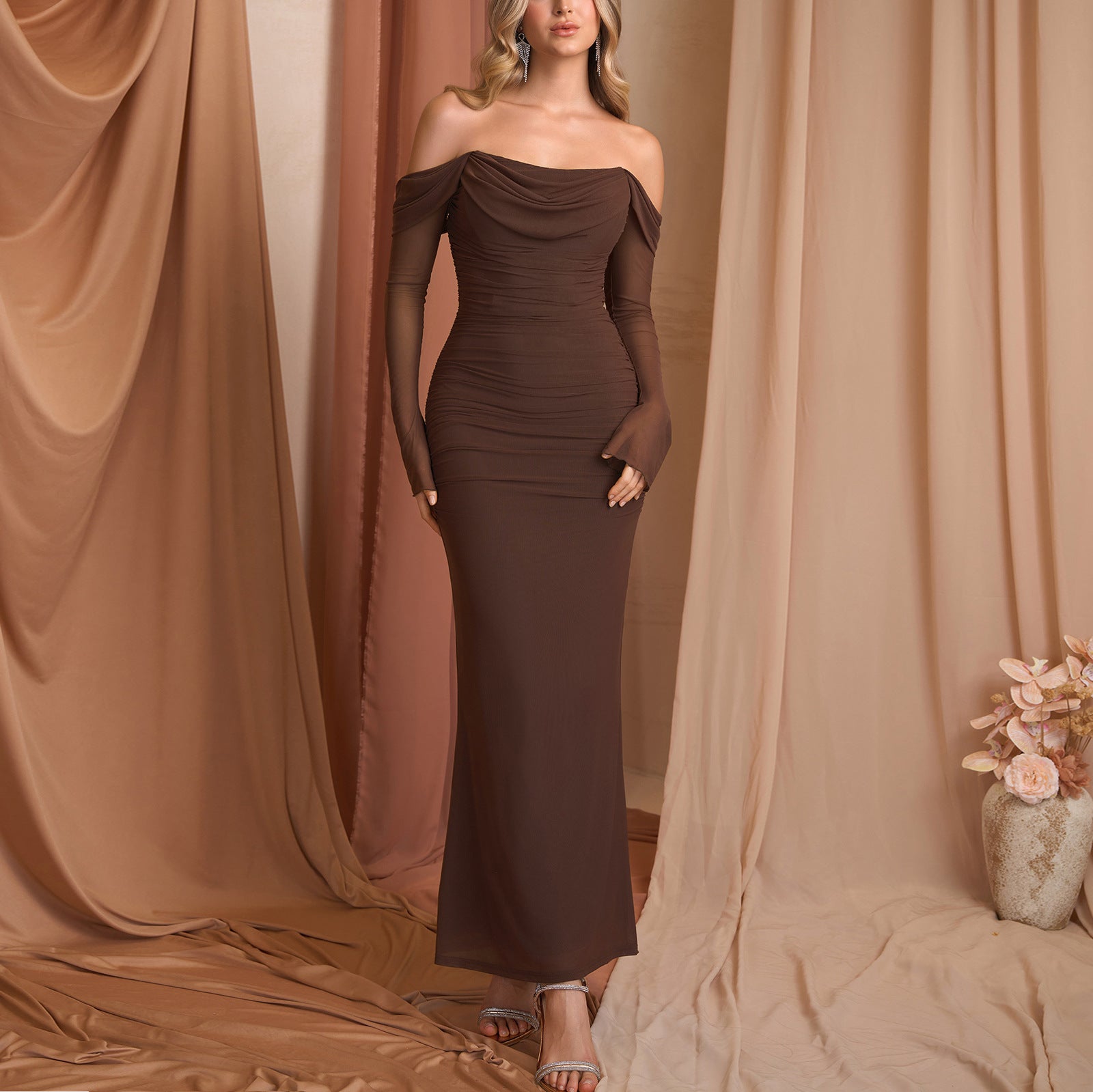 Mesh Sheer Long-sleeve Dress Sexy Open Back